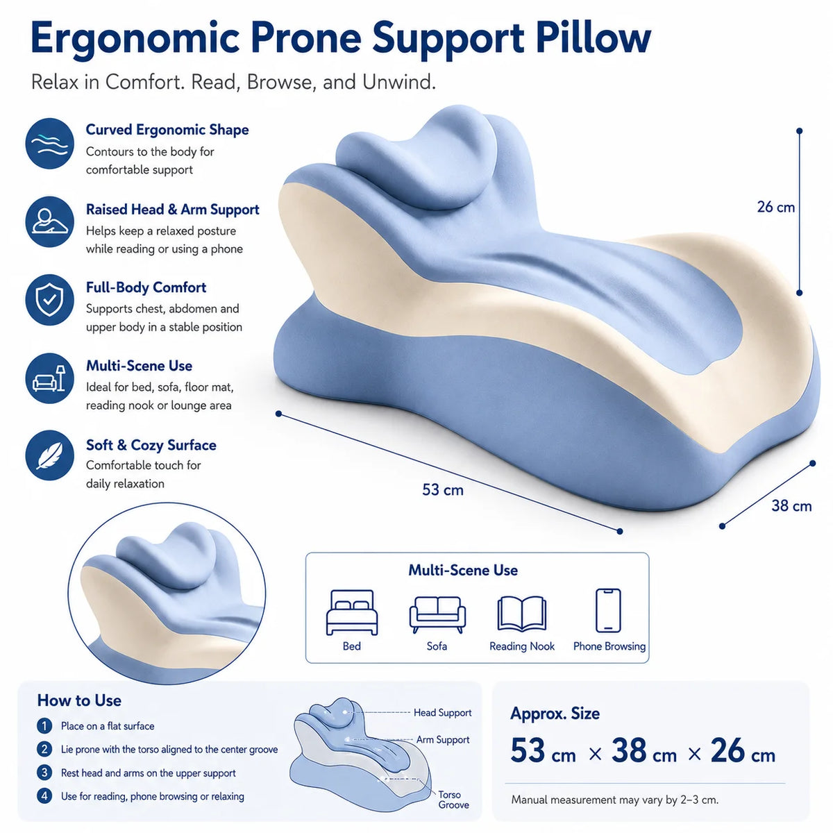Memory Foam Prone Reading Pillow Relieve Neck Arm Fatigue