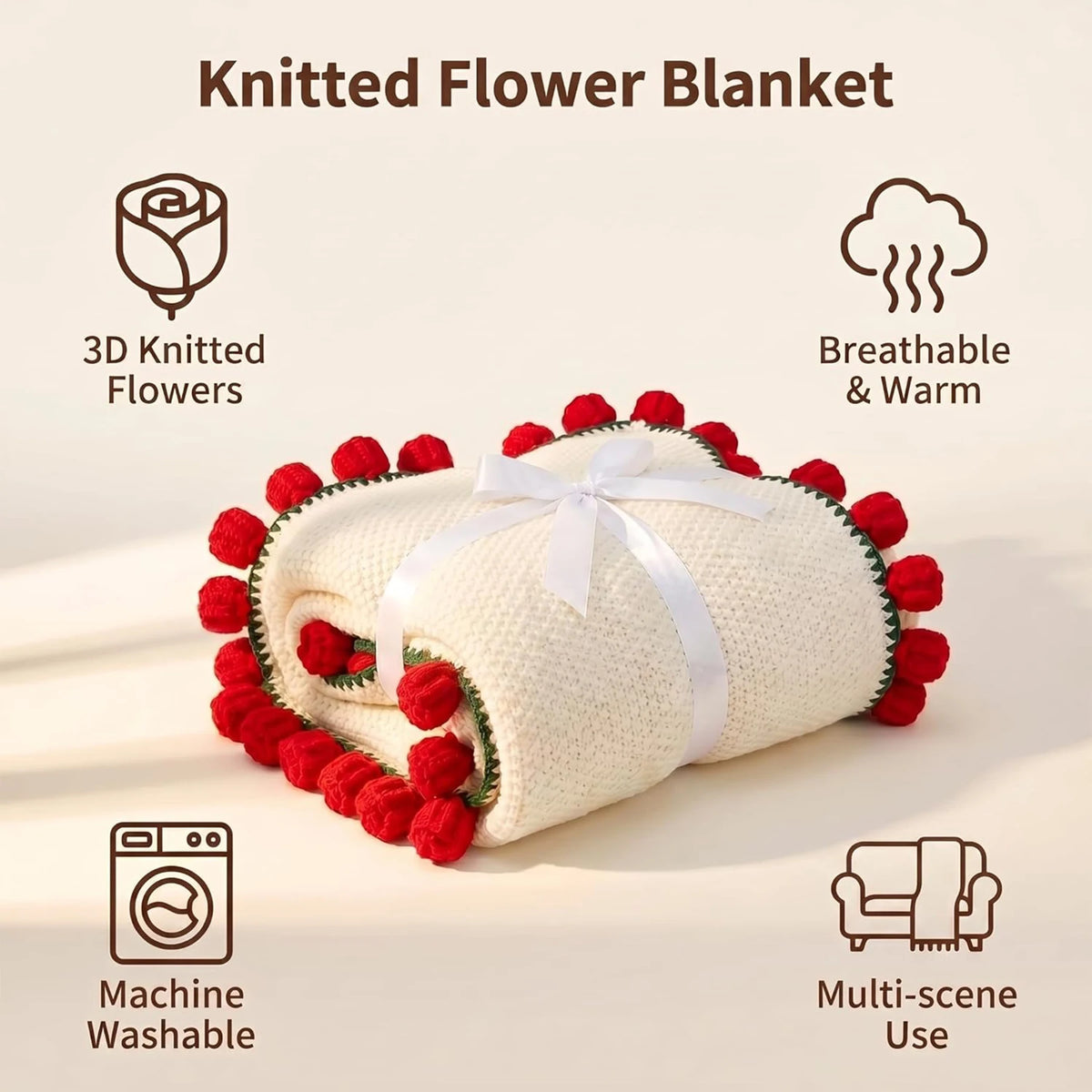 1pc Soft Crochet Rose Flower Bouquet Blanket, 63 Inch, 99