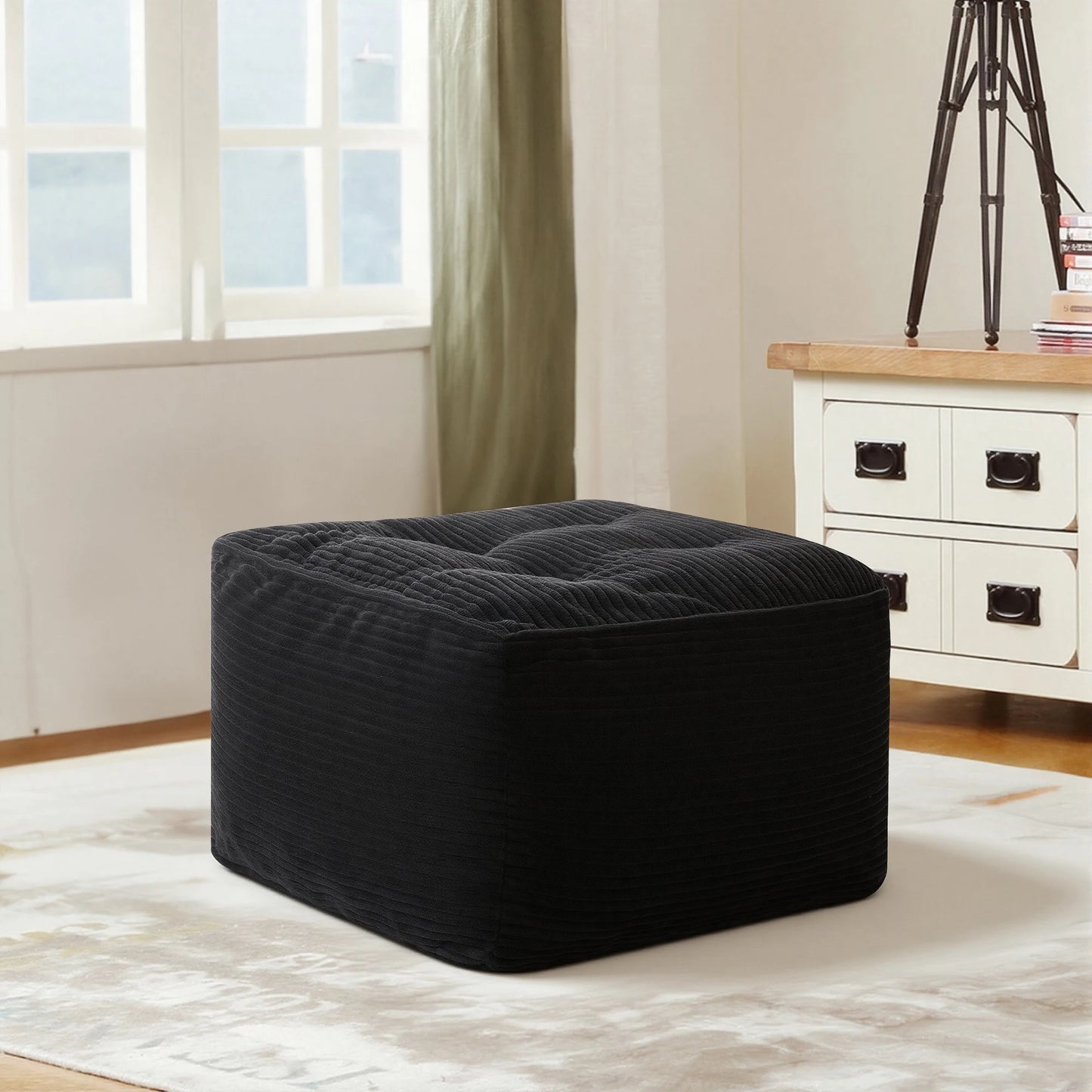 Black Corduroy Square Ottoman Footstool, Tufted Upholstered