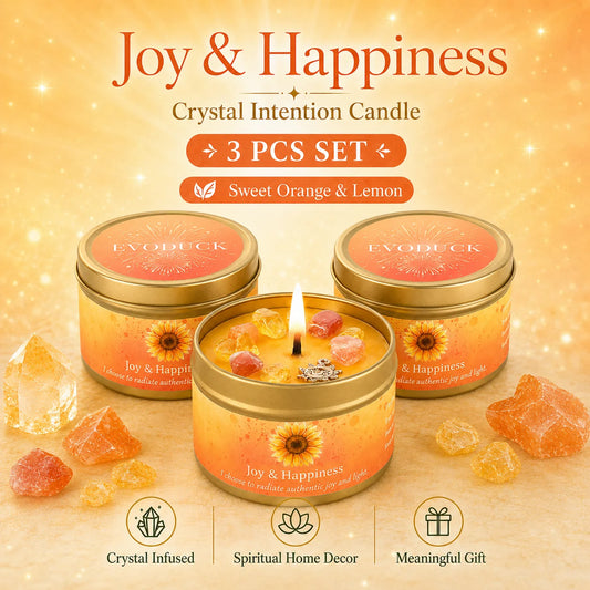 3Pcs Joy & Happiness Crystal Intention Scented Candle Set, Sweet Orange & Lemon Scented Soy Candles with Orange Calcite & Citrine, Positive Energy Mood Boost Uplifting Aromatherapy Tin Candles, Sunflower Summer Birthday Thank