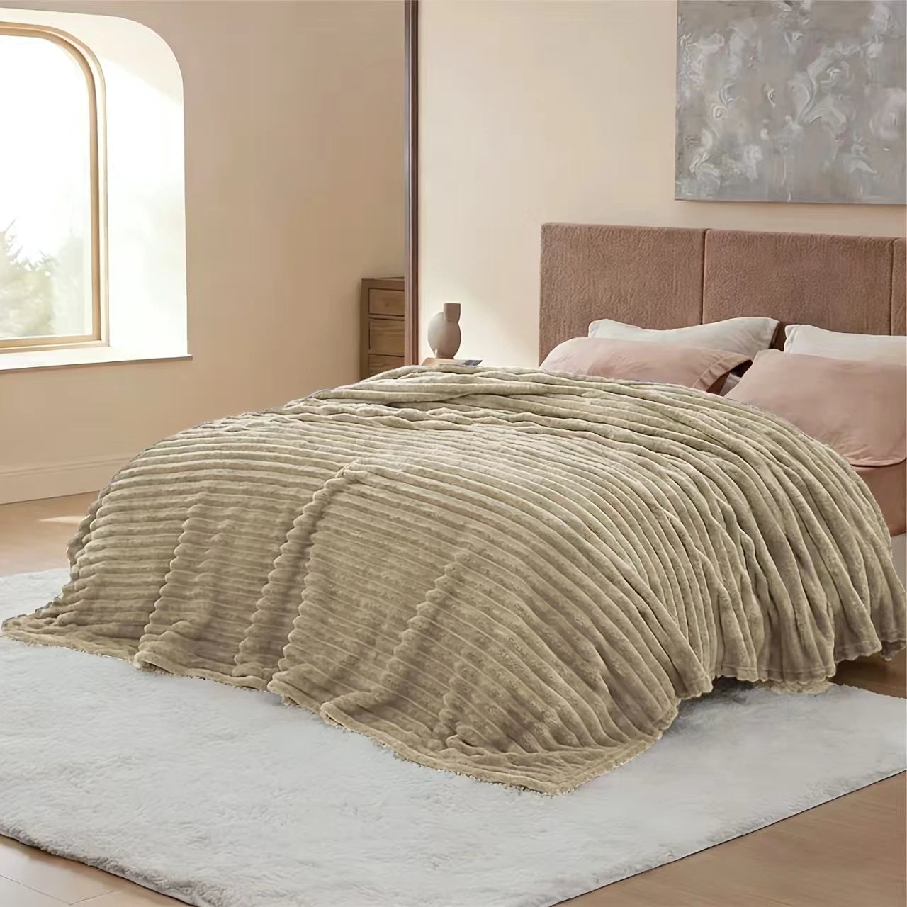 A Soft Cozy Faux Fur Rabbit Stripped Blanket, Warm and Thick - Rich Colors