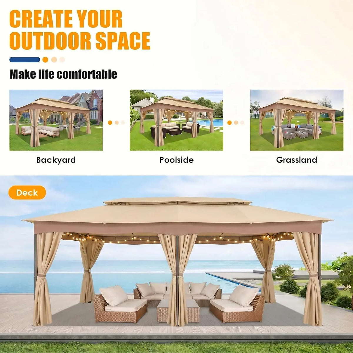 12x20FT Large Outdoor Patio Gazebo, Double Roof Soft Mosquito Netting,