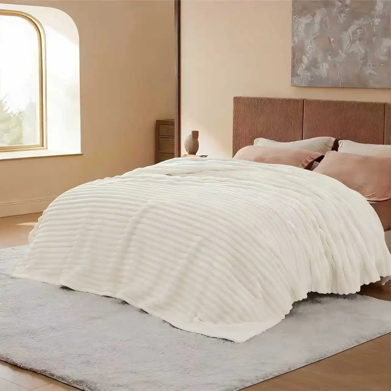 A Soft Cozy Faux Fur Rabbit Stripped Blanket, Warm and Thick - Rich Colors
