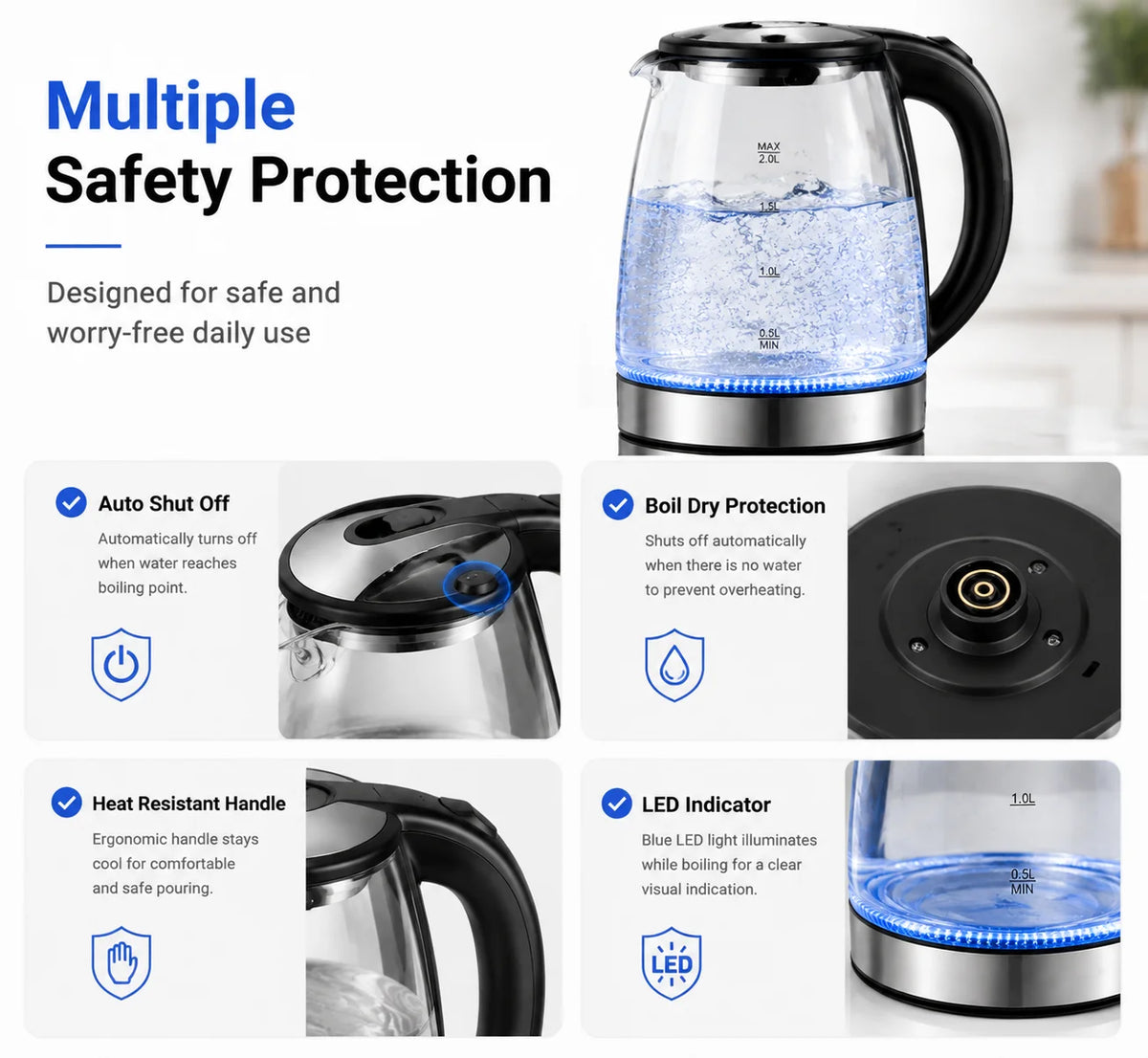 2L Glass Electric Kettle 110V/220V Double Layer Hot Water Boiler