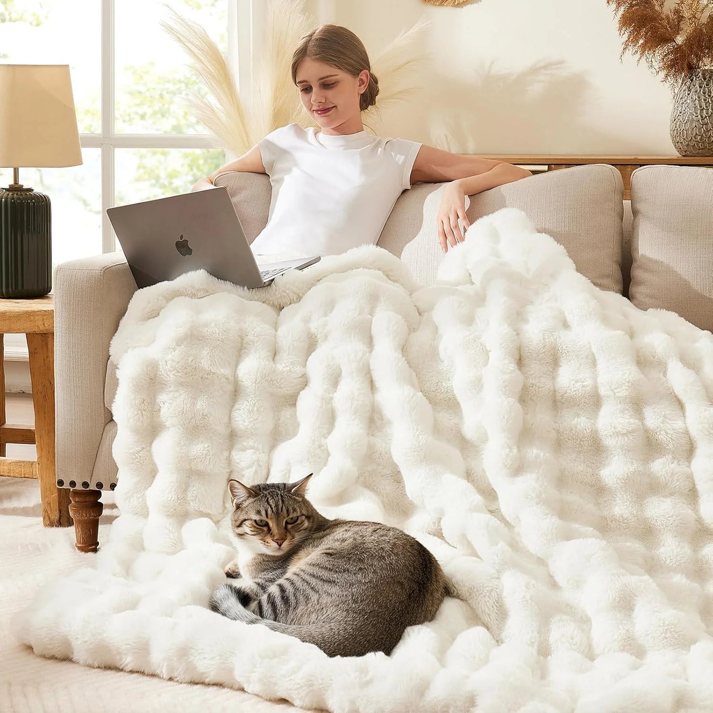 Soft Cozy Faux Fur Rabbit Blanket, Warm Thick