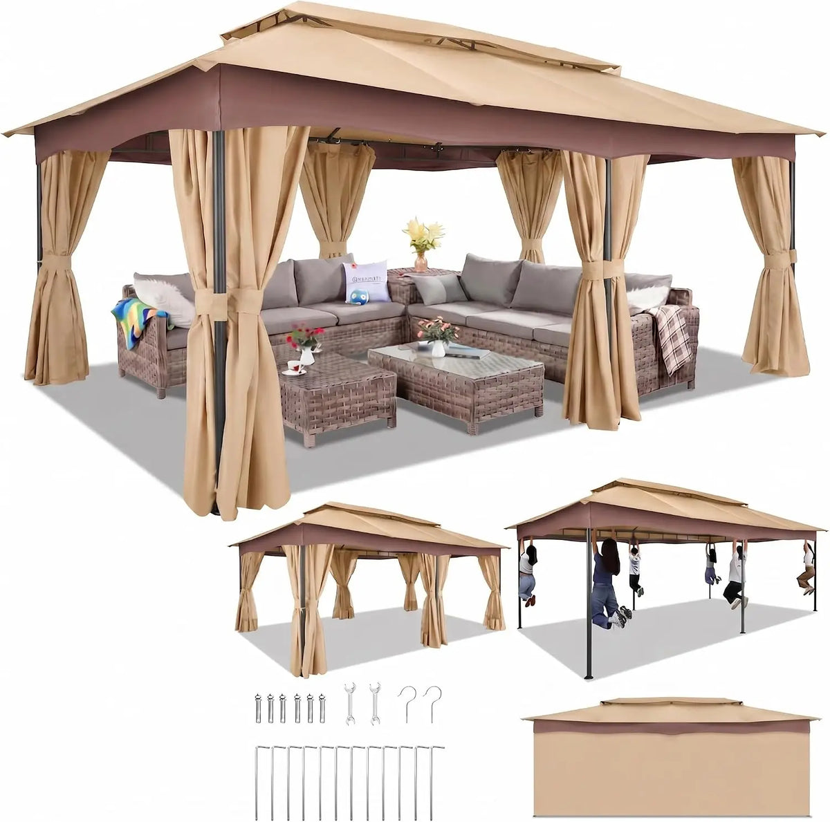 12x20FT Large Outdoor Patio Gazebo, Double Roof Soft Top Canopy with Mosquito Netting,