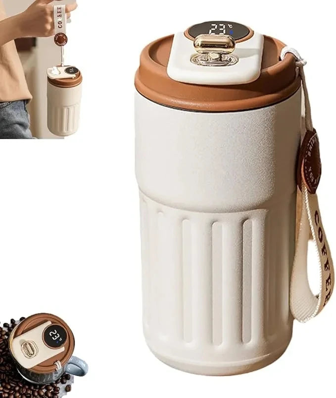 Coffee cup, vacuum insulated drum with temperature displa