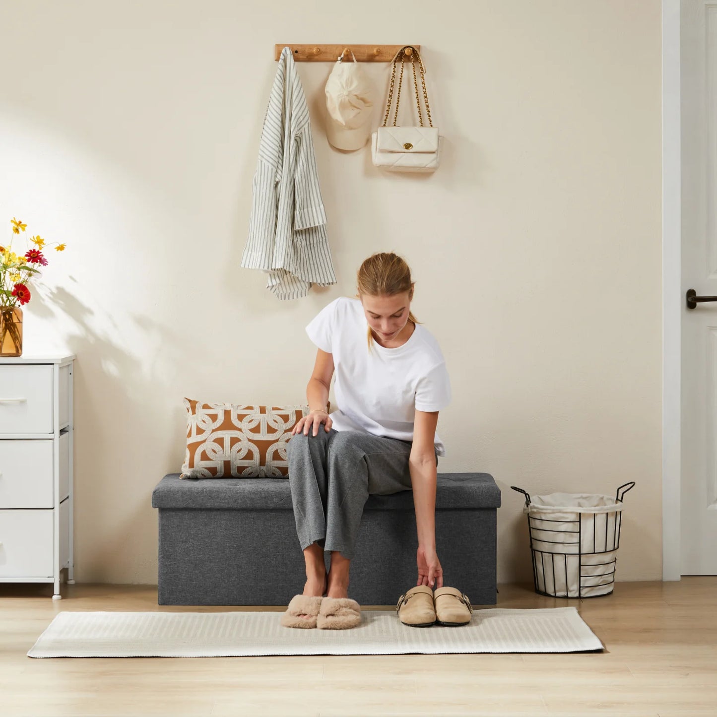 JHK Folding Storage Ottoman Bench Hidden Storage Footstool