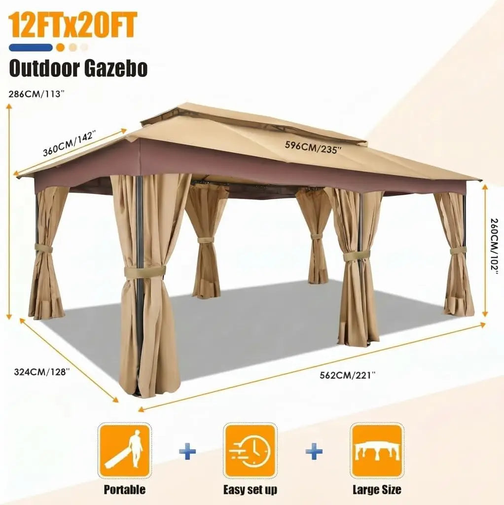 12x20FT Large Outdoor Patio Gazebo, Double Roof Soft Mosquito Netting,
