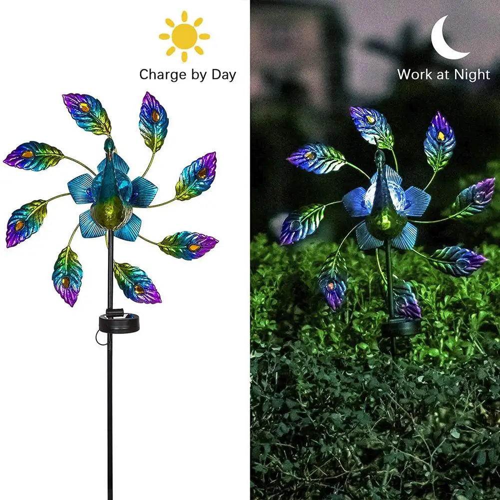 PeacockShape Solar LED Light Iron Wind Spinner