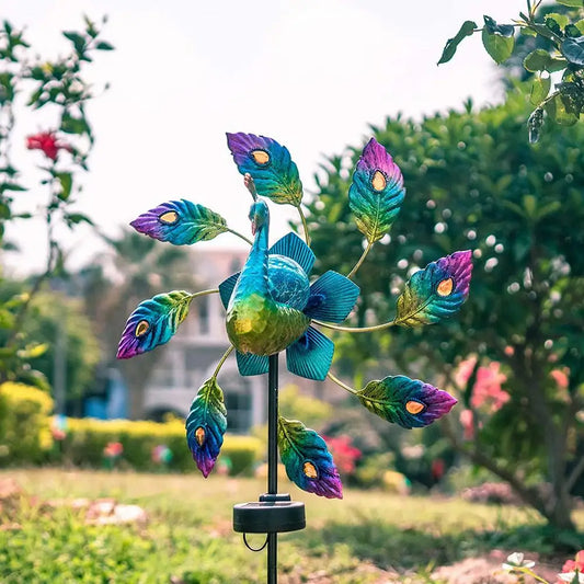 PeacockShape Solar LED Light Iron Wind Spinner