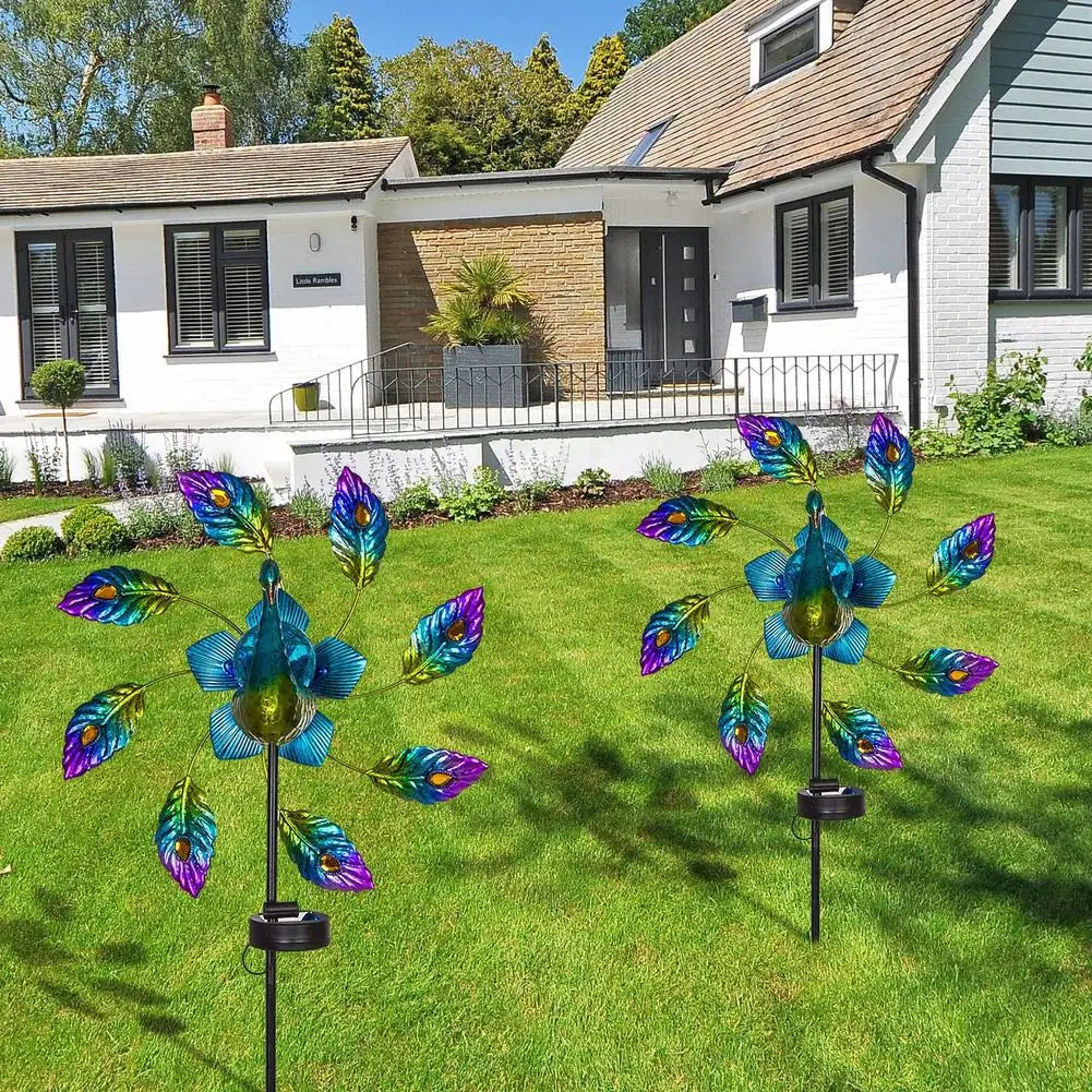 PeacockShape Solar LED Light Iron Wind Spinner