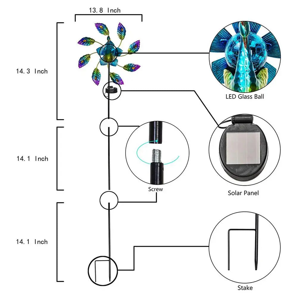 PeacockShape Solar LED Light Iron Wind Spinner