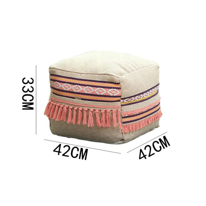 Square Multi-Pattern Moroccan Cotton And Linen Footstool