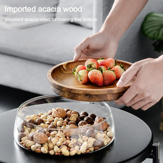 Glass Fruit Plate Box Bowl Storage Box  Wooden Lid