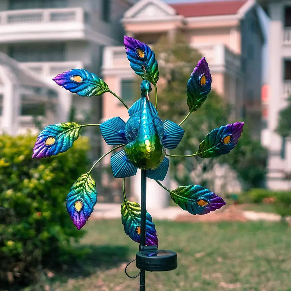 PeacockShape Solar LED Light Iron Wind Spinner