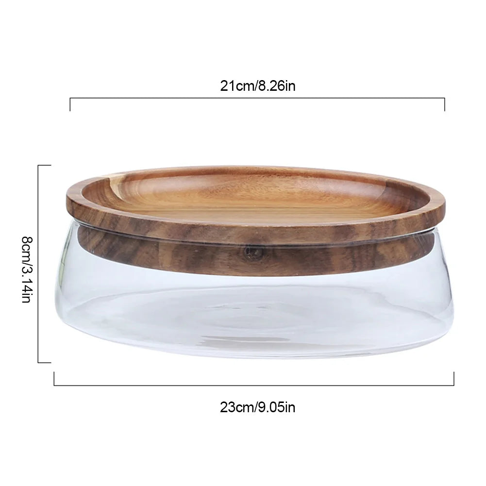 Glass Fruit Plate Box Bowl Storage Box  Wooden Lid