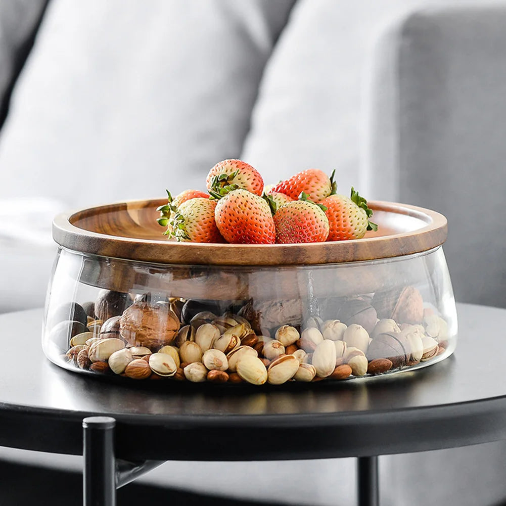 Glass Fruit Plate Box Bowl Storage Box  Wooden Lid