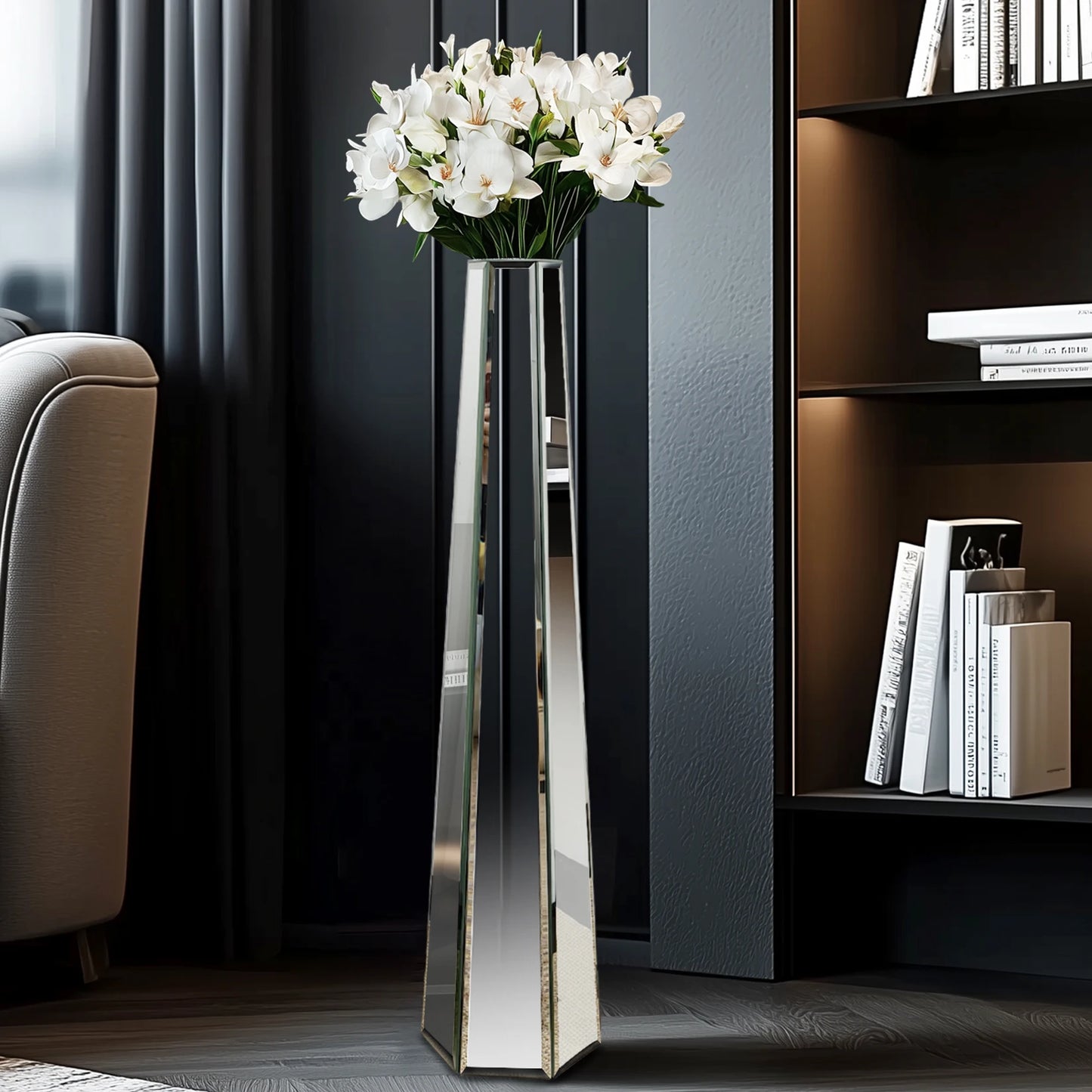 30 Inch Tall Modern Floor Vase Mirrored Glass