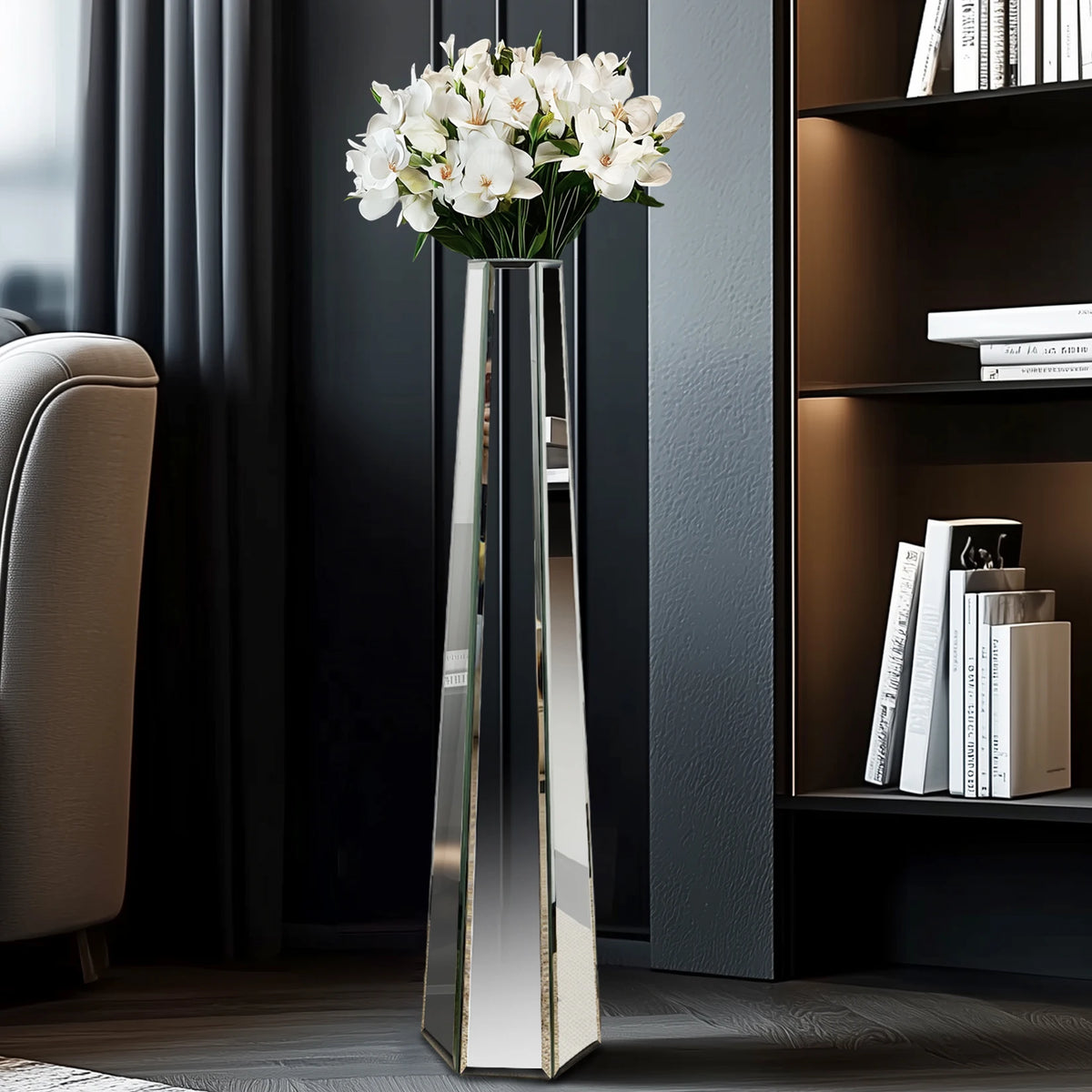 30 Inch Tall Modern Floor Vase Mirrored Glass