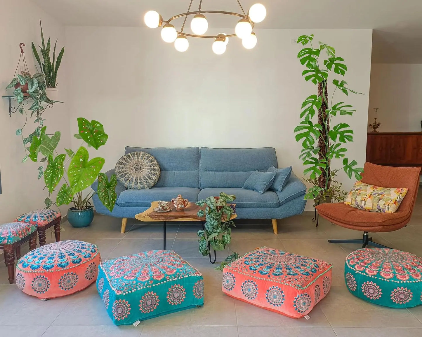 Mandala Life Art Turquoise Velvet Pouf Cover -24X24X8 Inches