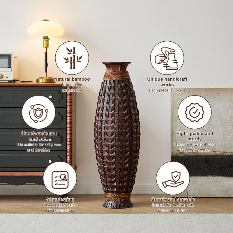 Handwoven Bamboo Floor Vase, 38.97" Tall Rustic Deco Natural Woven Design- Dried Branches