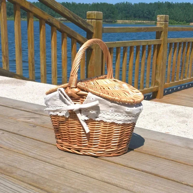 Wicker Basket, Handle Double-Lid Large Camping Picnic