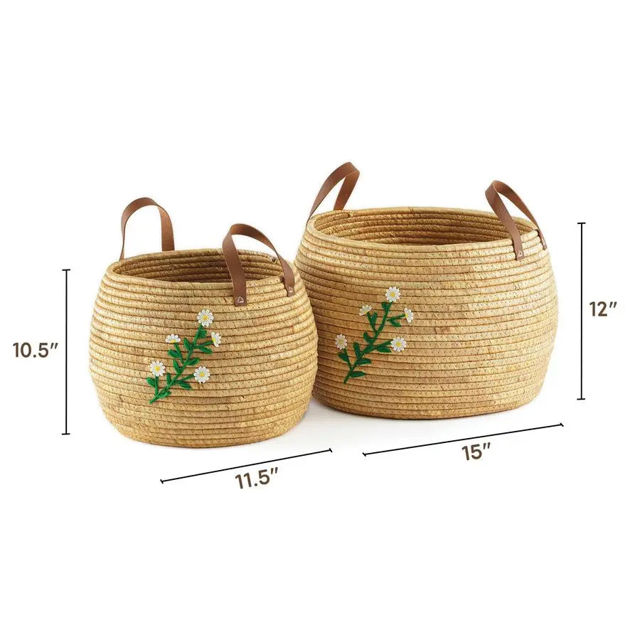 Water Hyacinth Storage Baskets Set of 2, Handwoven Round Organizers