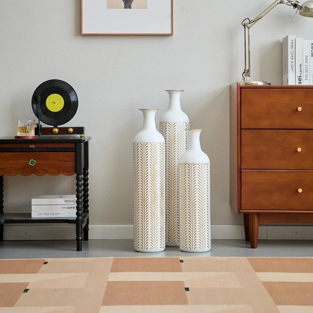 Set of 3 Metal Tall Vases, Large Gold Decorative Vases for Dried Flowers, Modern Living Room Home Decor