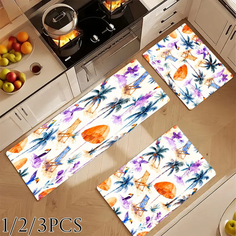 3PC  Rugs Palm Trees Beach Chairs Umbrellas Sunflowers Watercolor