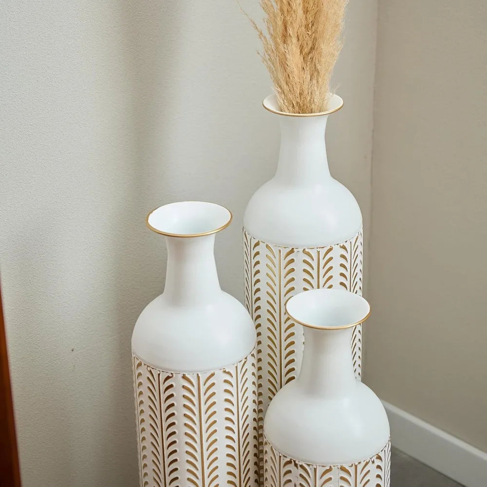 Set of 3 Metal Tall Vases, Large Gold Decorative Vases for Dried Flowers, Modern Living Room Home Decor
