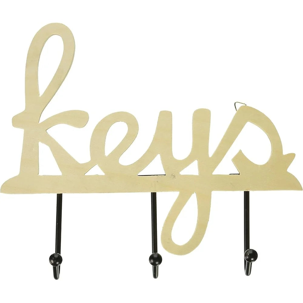 Wooden Key Holder with 3 Metal Hooks Wall Mount
