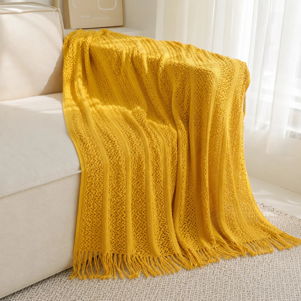 Dark Brown Wavy Chevron Textured Knit Throw Blanket with Tassel Fringe,