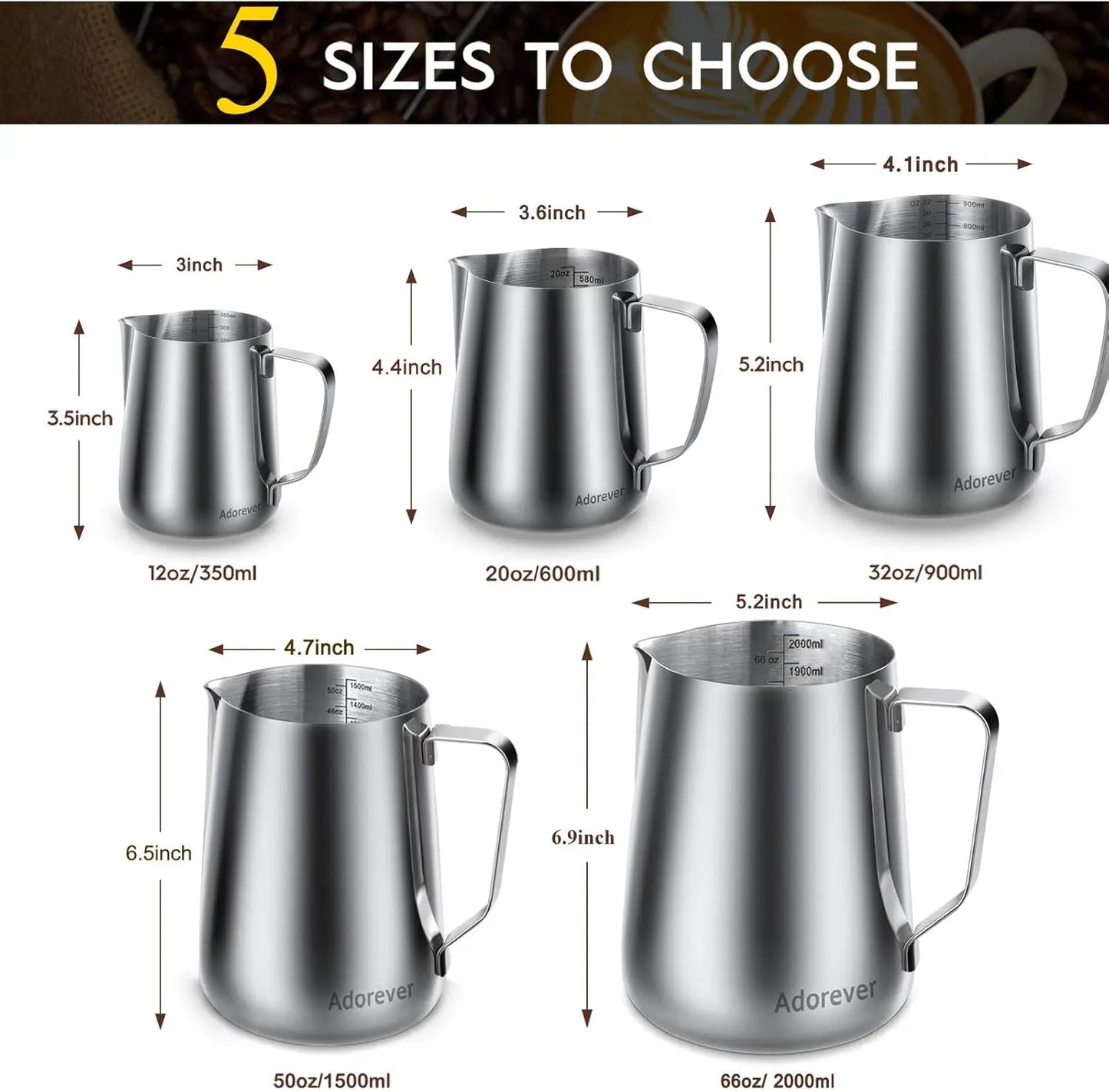 Stainless Steel Milk Frothing Pitcher 12oz-50oz