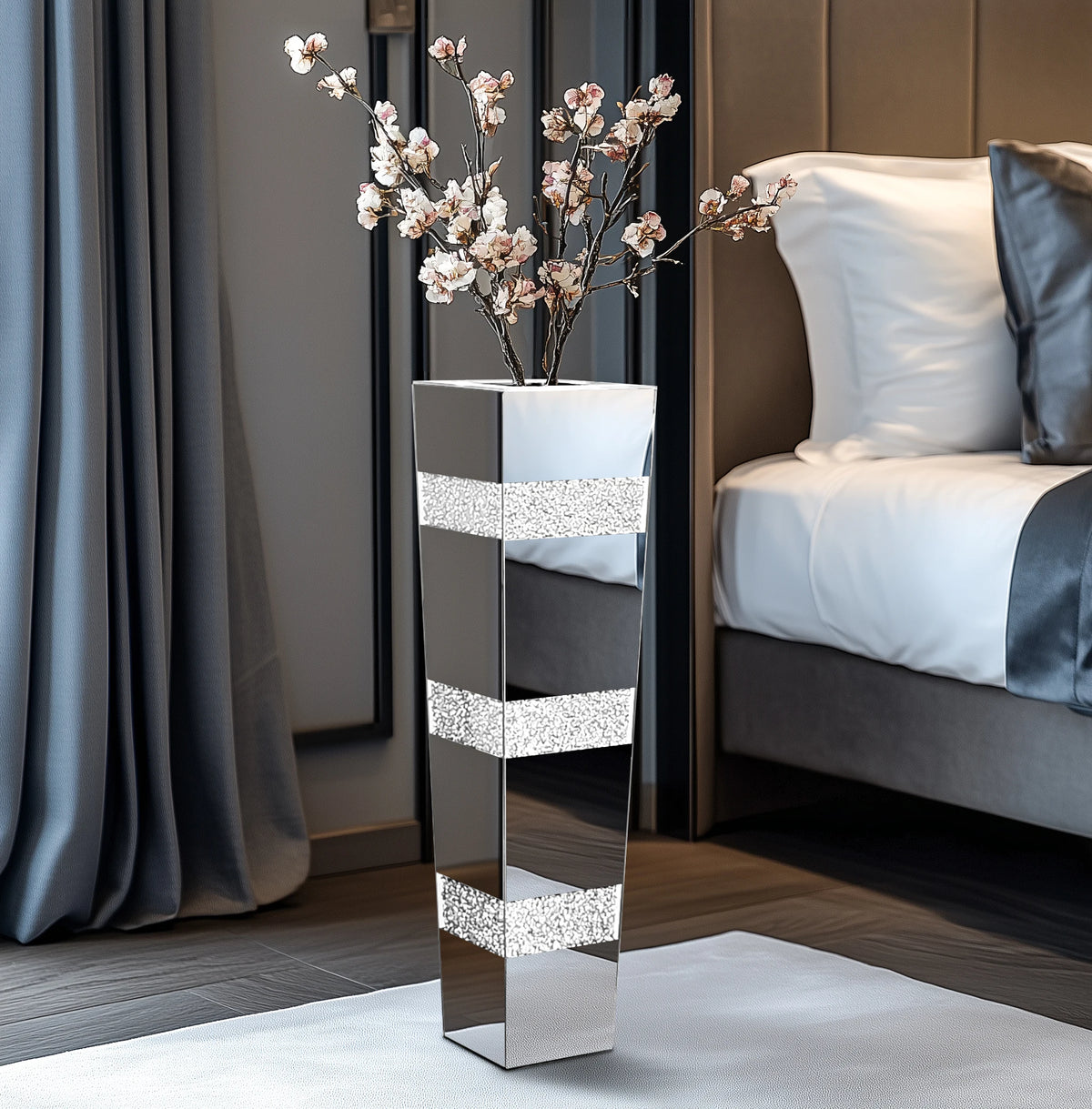 Tall Floor Mirror Vase, Large Crushed Diamond Glass Vase