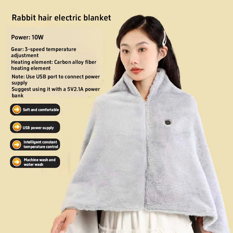 USB Wearable Heated Shawl Wrap Blanket with Hood Zipper