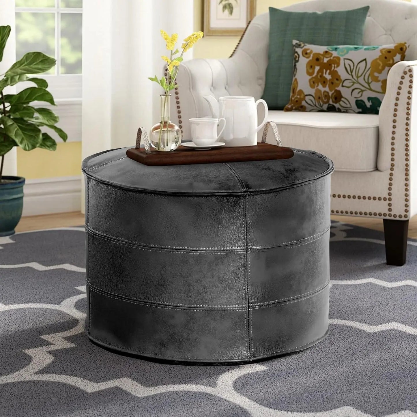 Leather Ottoman,Handmade Stuffed Square Ottoman