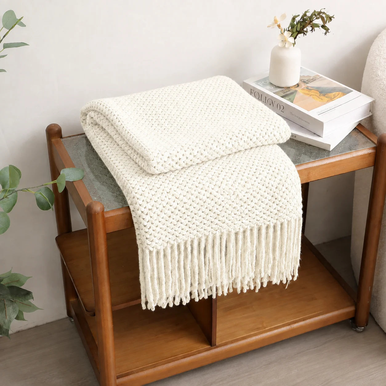 Cream Popcorn Bobble Textured Knit Throw Blanket with Tassel Fringe,