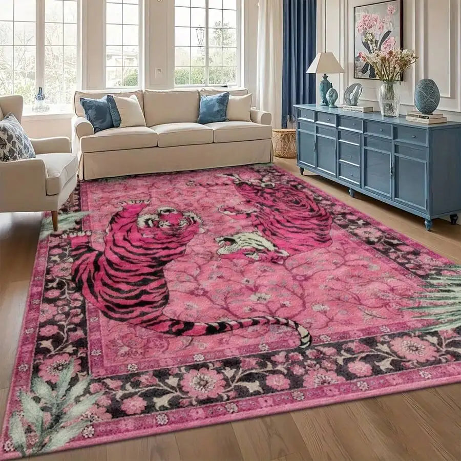 Pink Tiger Floral Pattern Flannel Rug, 2D Digital Print, Non-Slip