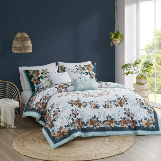 5 Piece Cn Floral Comforter Set with Throw Pillows