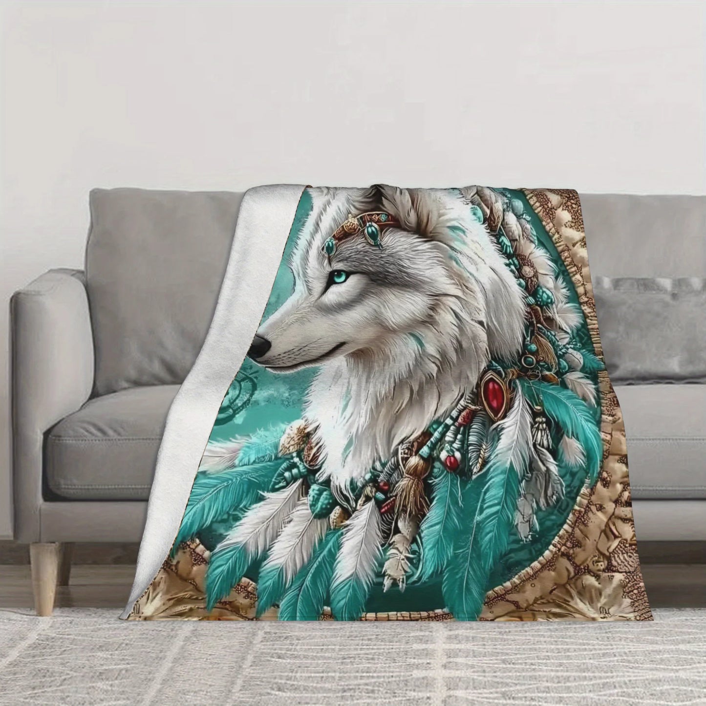 1pc Majestic White Wolf Design Cooling Throw Blanket Flannel
