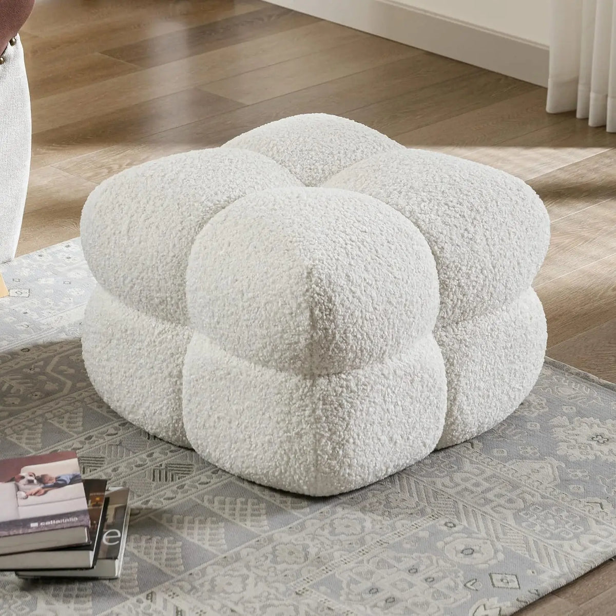 Fuzzy Ottoman Square Sherpa Pouf Tufted Boucle Fabric