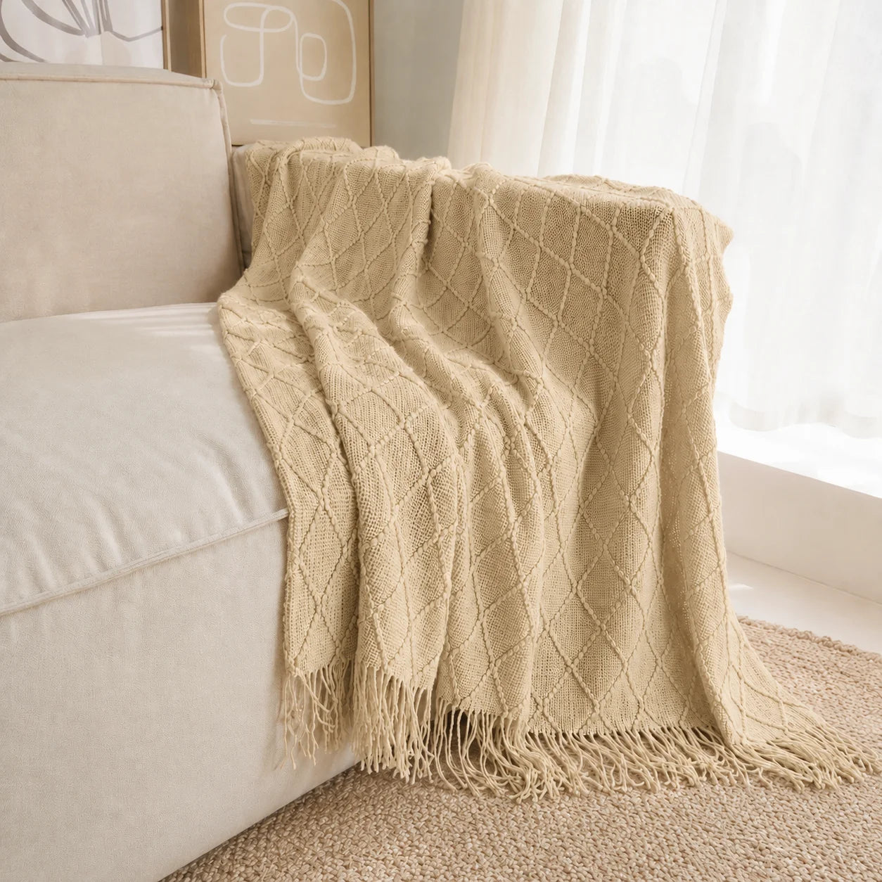 Dark Brown Wavy Chevron Textured Knit Throw Blanket with Tassel Fringe,