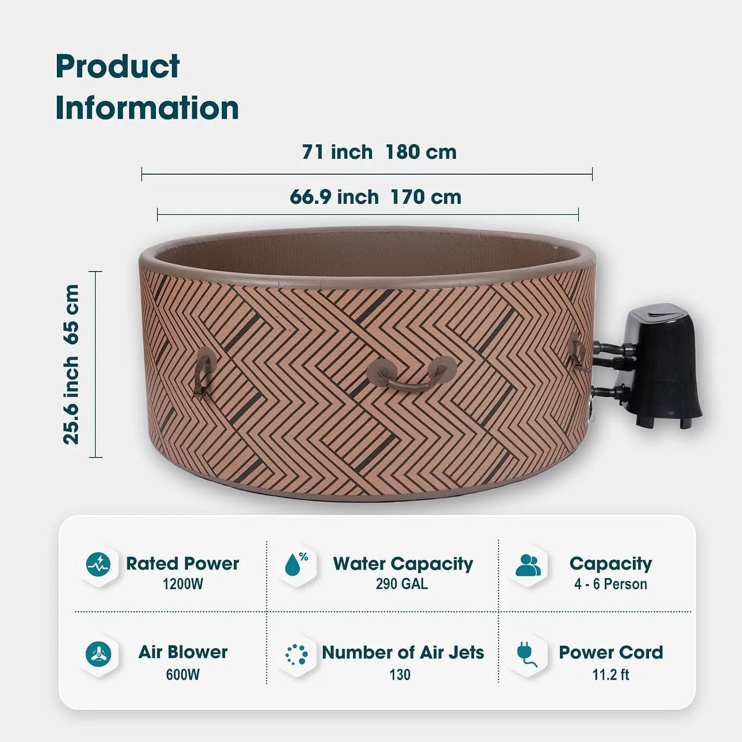 Inflatable Hot Tub 4-6 Person, Portable - Energy Efficient Cover, 130 Air Jets with Heater Pump