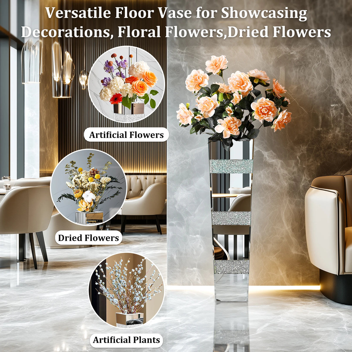 Tall Floor Mirror Vase, Large Crushed Diamond Glass Vase