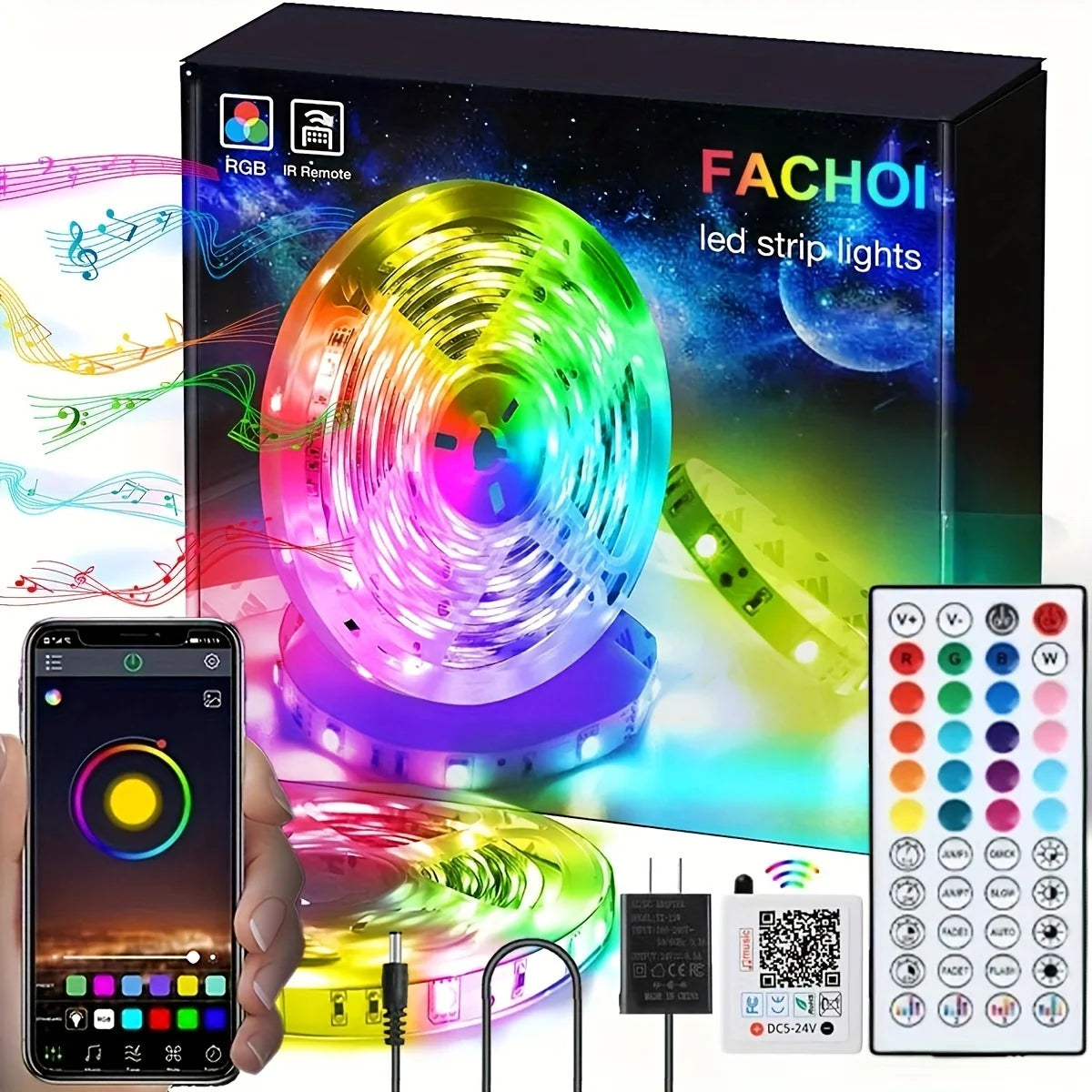 16ft/49ft/98ft/196ft Long LED Strip Lights - Color-Changing RGB Music Sync LED Rope