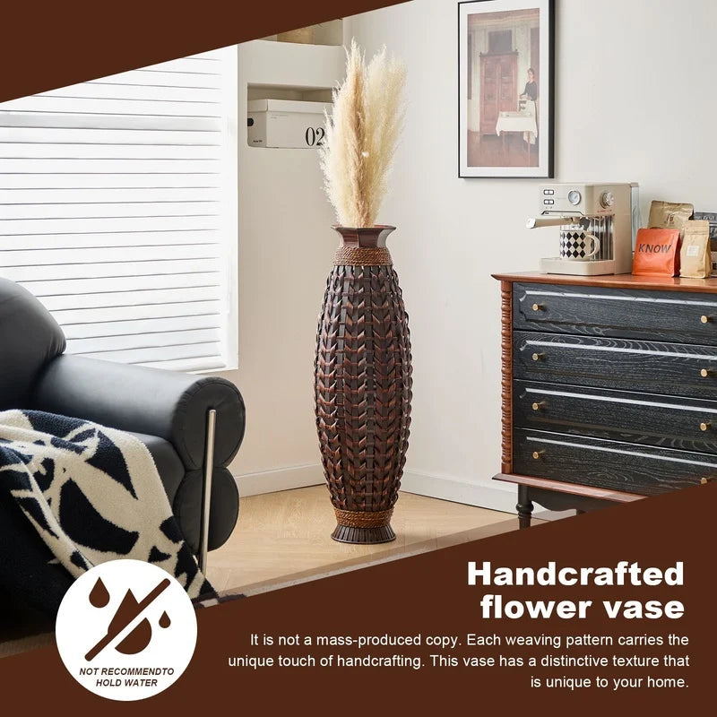 Handwoven Bamboo Floor Vase, 38.97" Tall Rustic Deco Natural Woven Design- Dried Branches