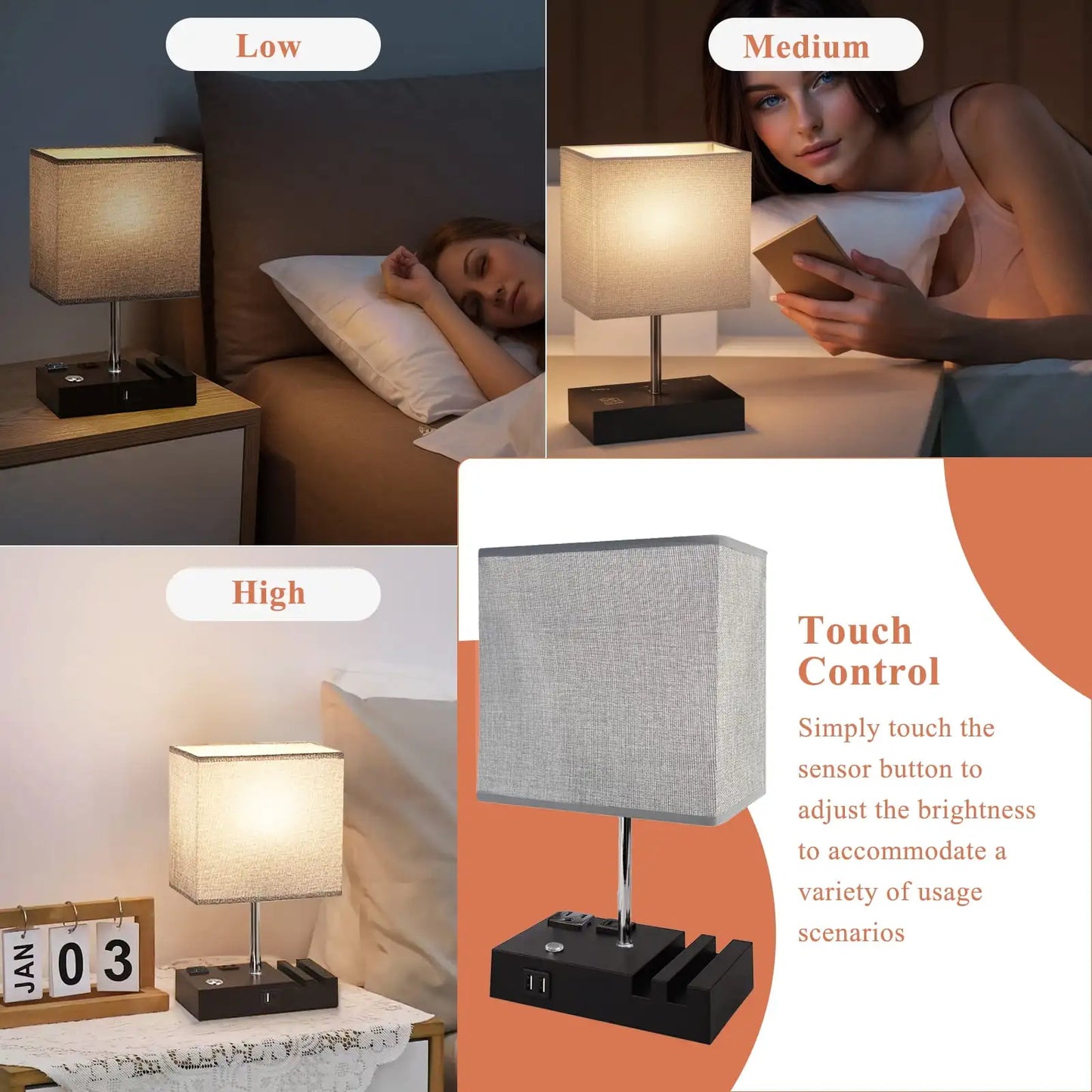 15.7" Table Lamp, USB Charging Ports, Dimmable