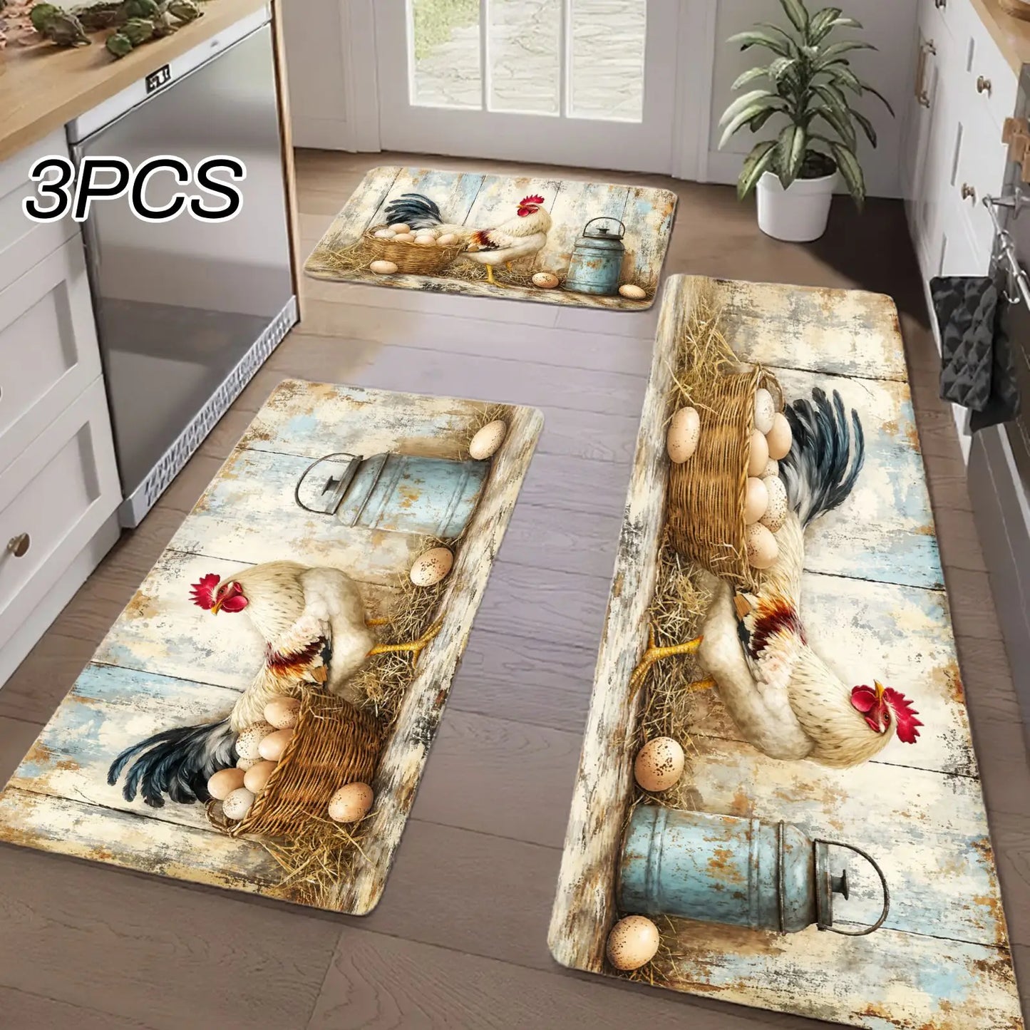 3PCS  Rugs,Rooster Chicken Basket Rustic Farmhouse Pattern Dining Mat