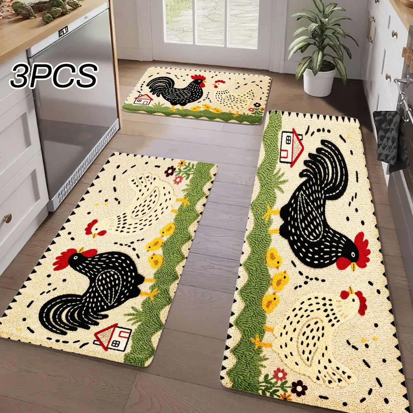 3PCS Kitchen Rugs,Rooster And Flowers Dining Mat